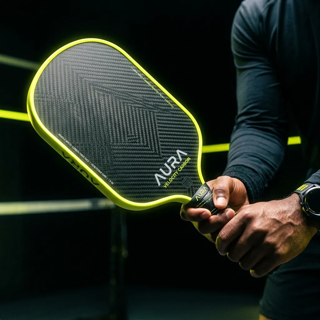 Jugador sujetando una pala de pickleball de fibra de carbono