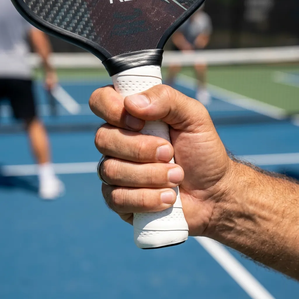 Mano de un jugador agarrando firmemente una pala con overgrip blanco