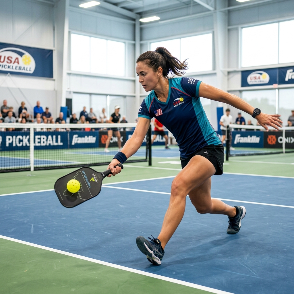 Jugador profesional de pickleball golpeando un drive de derecha