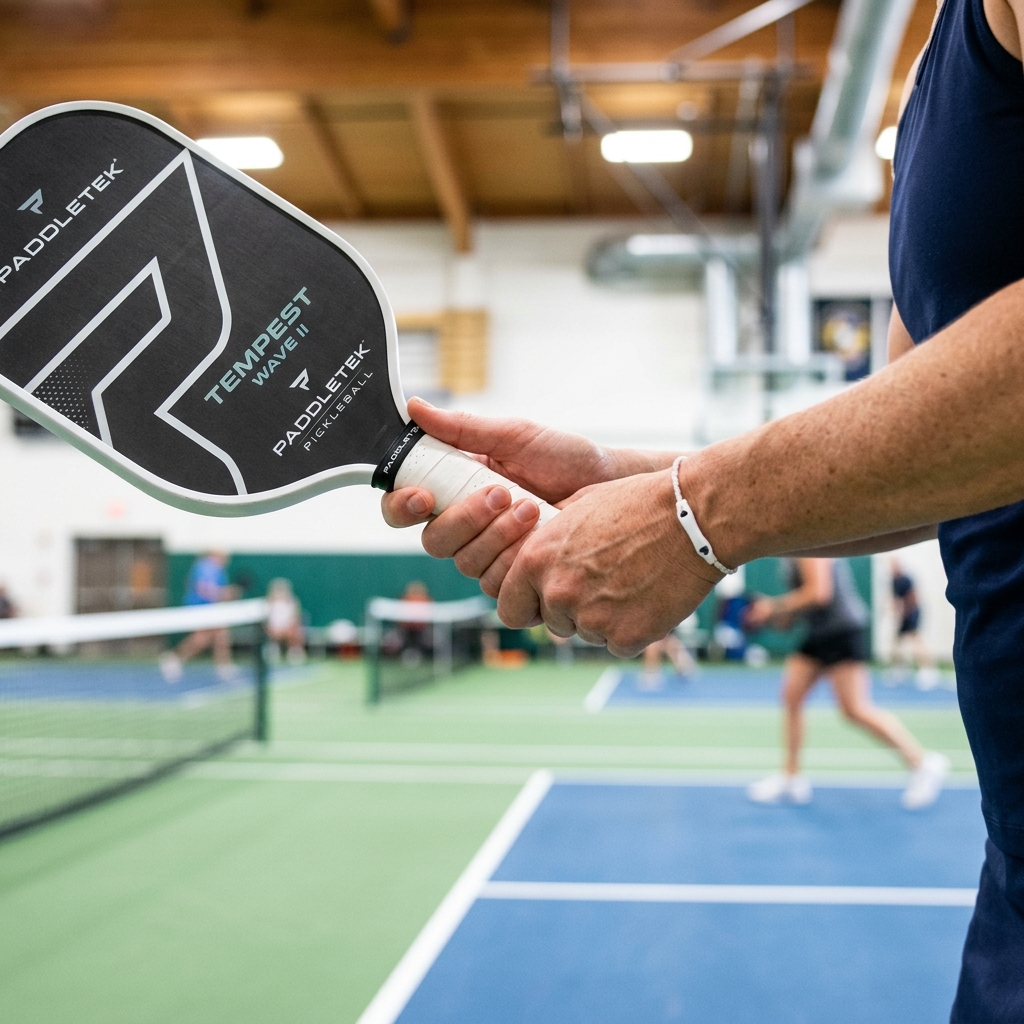 Primer plano de manos sosteniendo una pala de pickleball con grip continental