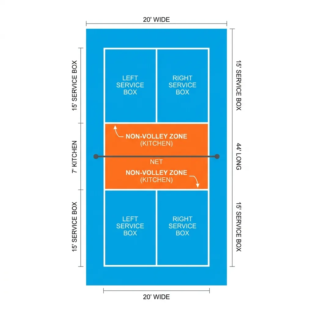 Diagrama cenital de una pista de pickleball destacando la zona de no volea (la cocina)