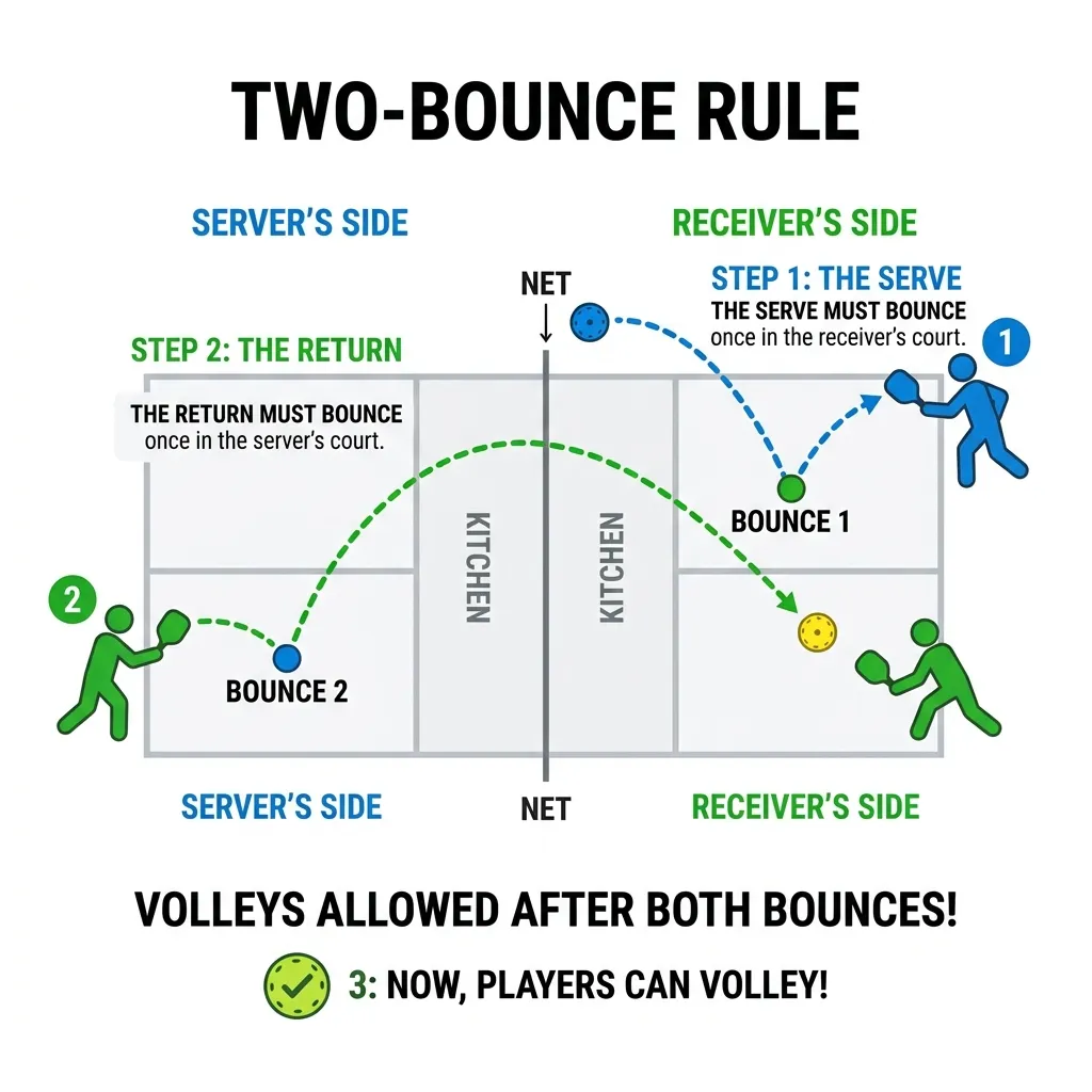 Diagrama explicativo de la regla del doble bote en pickleball