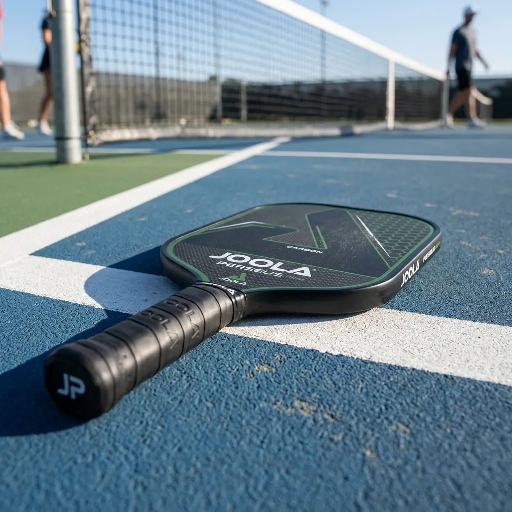Primer plano de una pala de pickleball de alta calidad en la pista