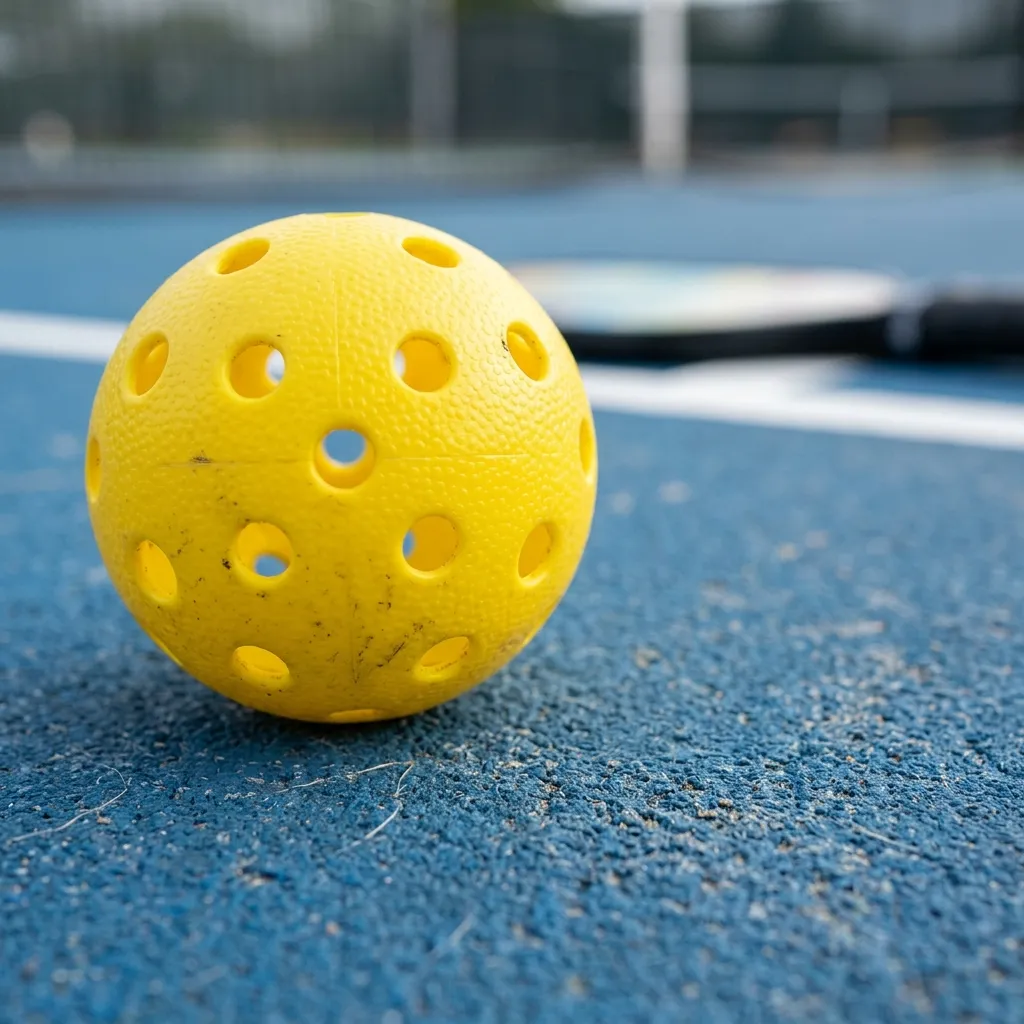 Pelota de pickleball amarilla sobre una pista azul mostrando sus agujeros