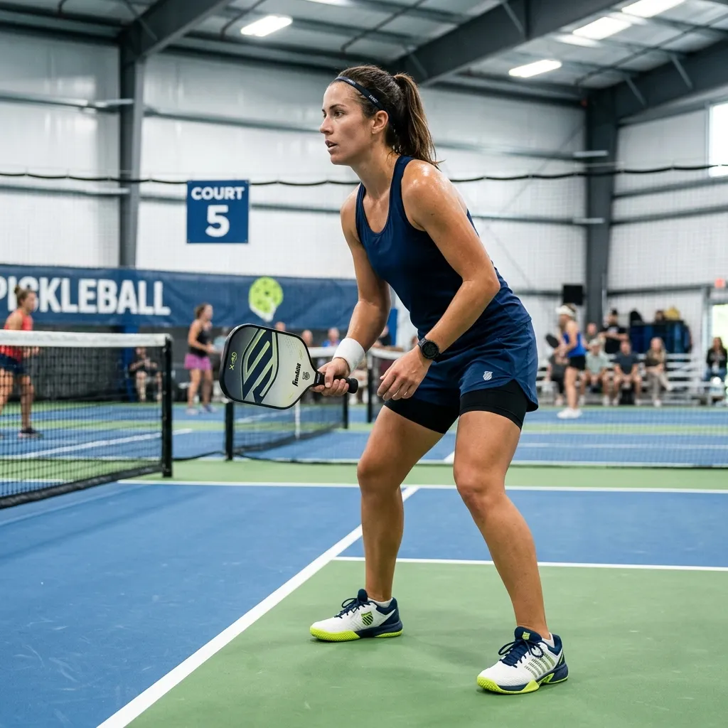 Jugadora de pickleball con ropa deportiva transpirable y zapatillas de pista en un pabellón indoor