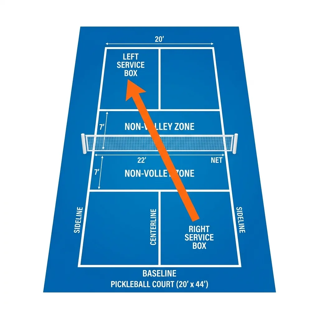Diagrama de un saque diagonal en pickleball