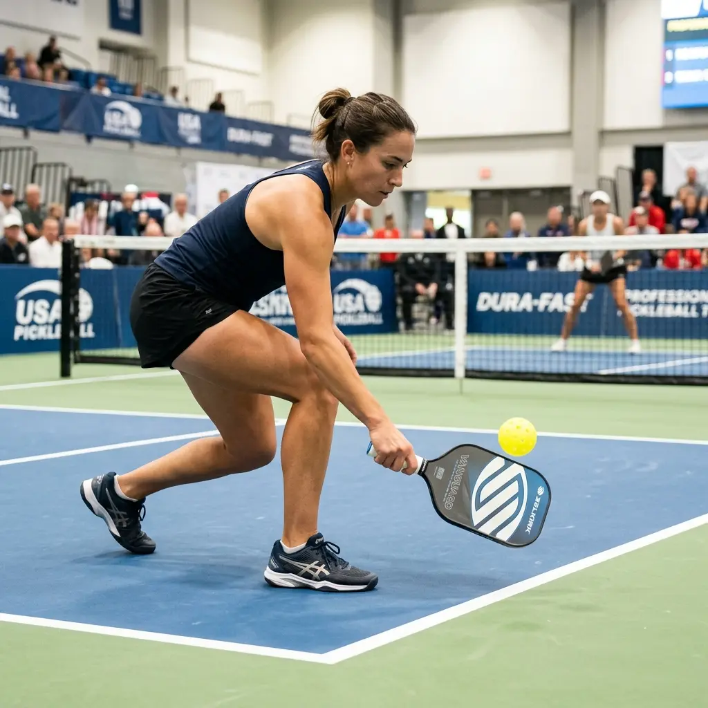 Jugador ejecutando un tercer golpe en pickleball