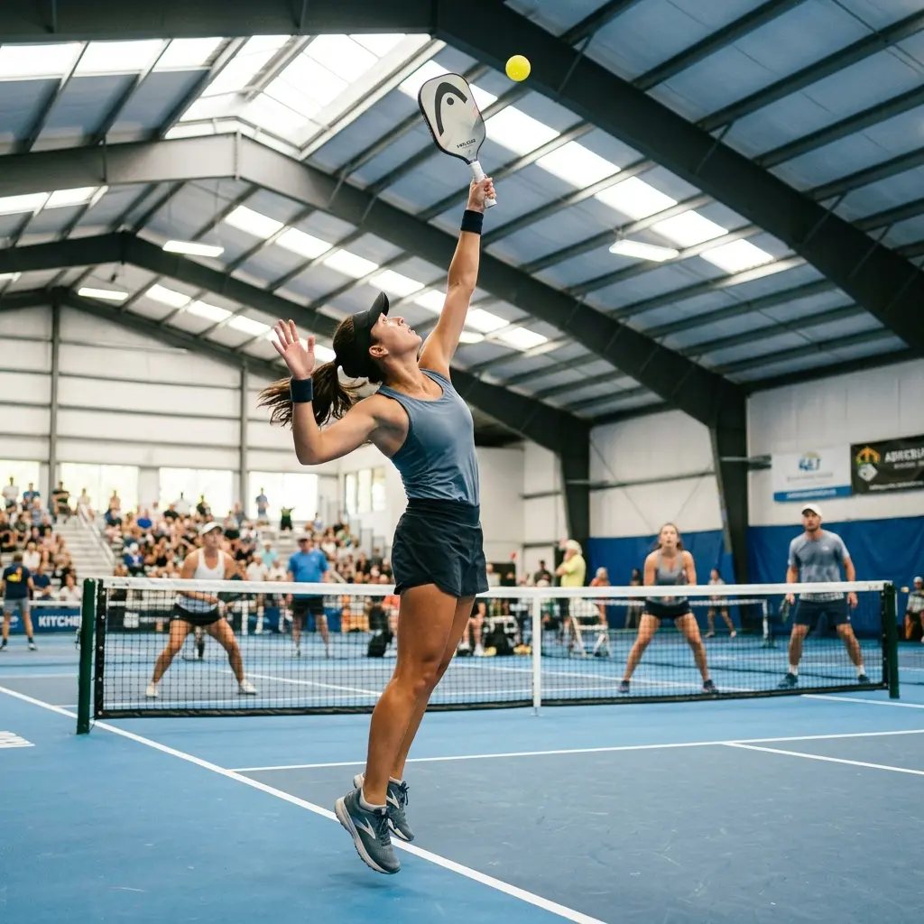 Jugador ejecutando o defendiendo un globo en pickleball