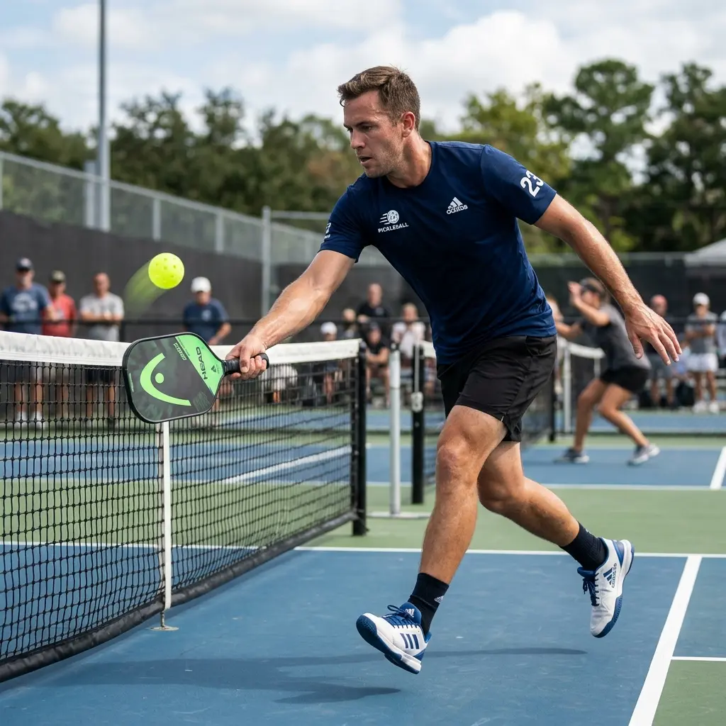 Jugador ejecutando una volea ofensiva en pickleball