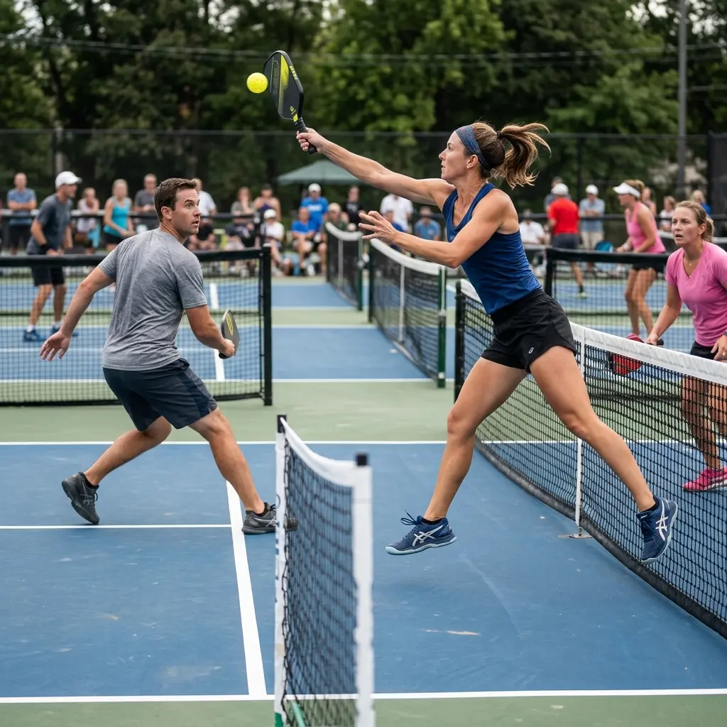 Jugador cruzando la línea central para ejecutar un poach en pickleball