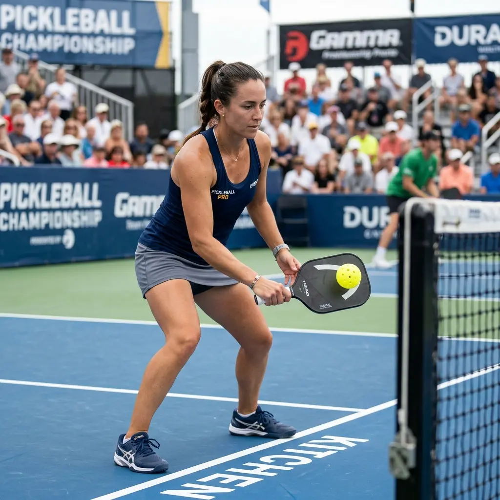 Jugador de pickleball realizando un reset bloqueando un golpe fuerte
