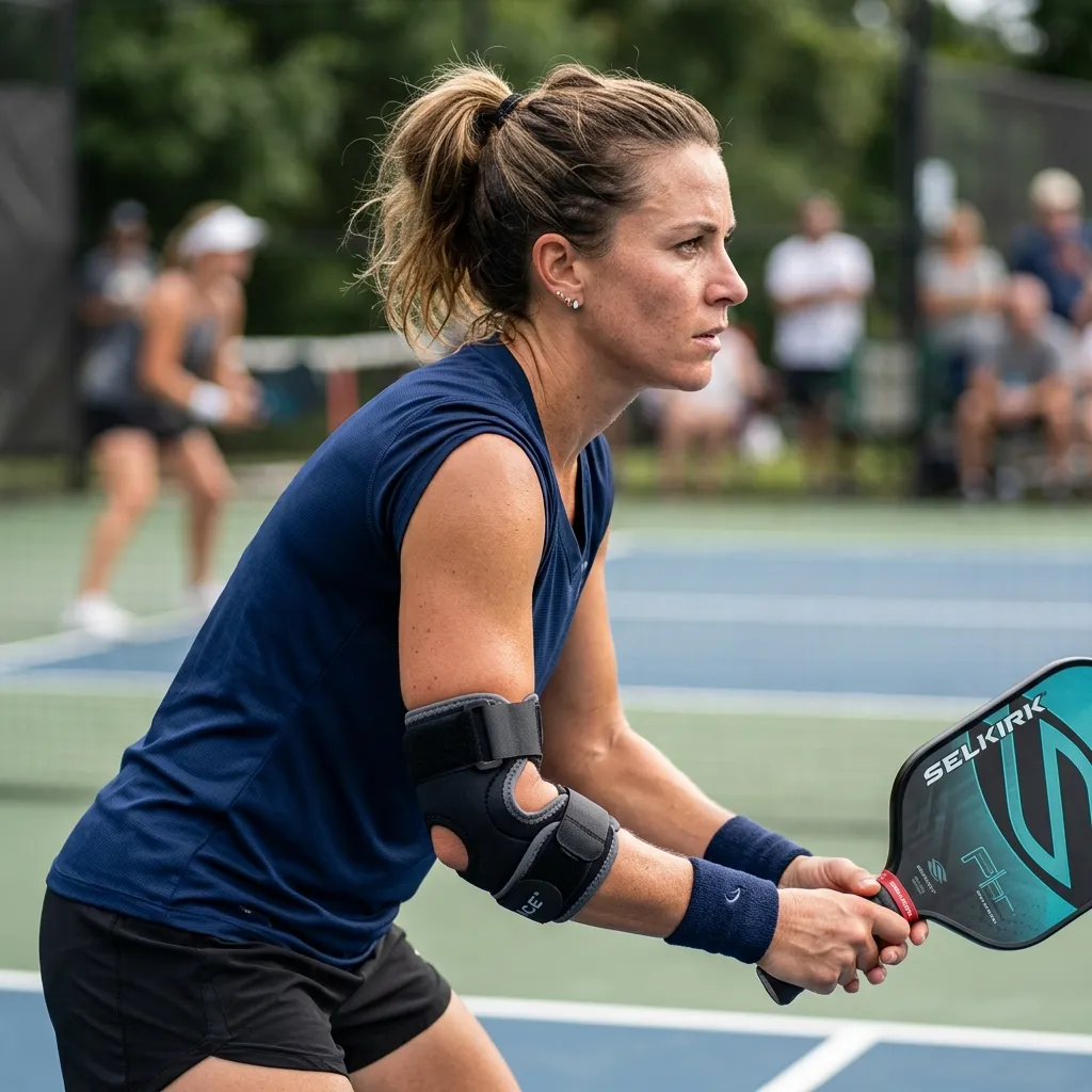 Primer plano de jugador de pickleball con codera sujetando la pala