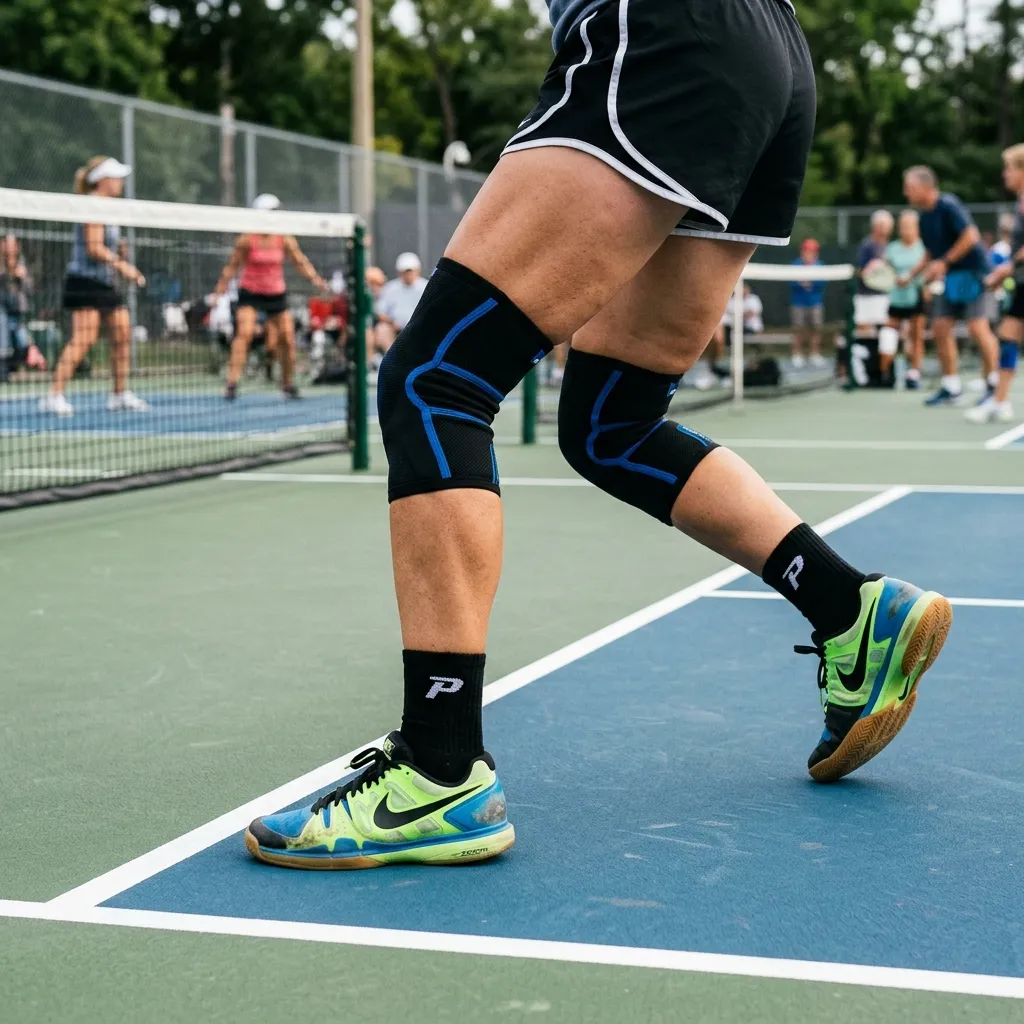 Primer plano de zapatillas y rodillas de un jugador de pickleball