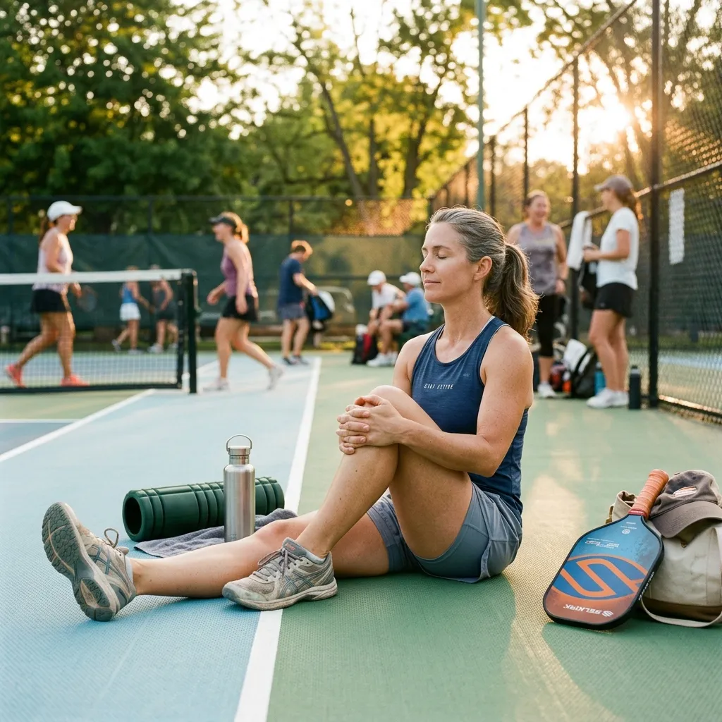 Jugador de pickleball realizando estiramientos sentado en la pista