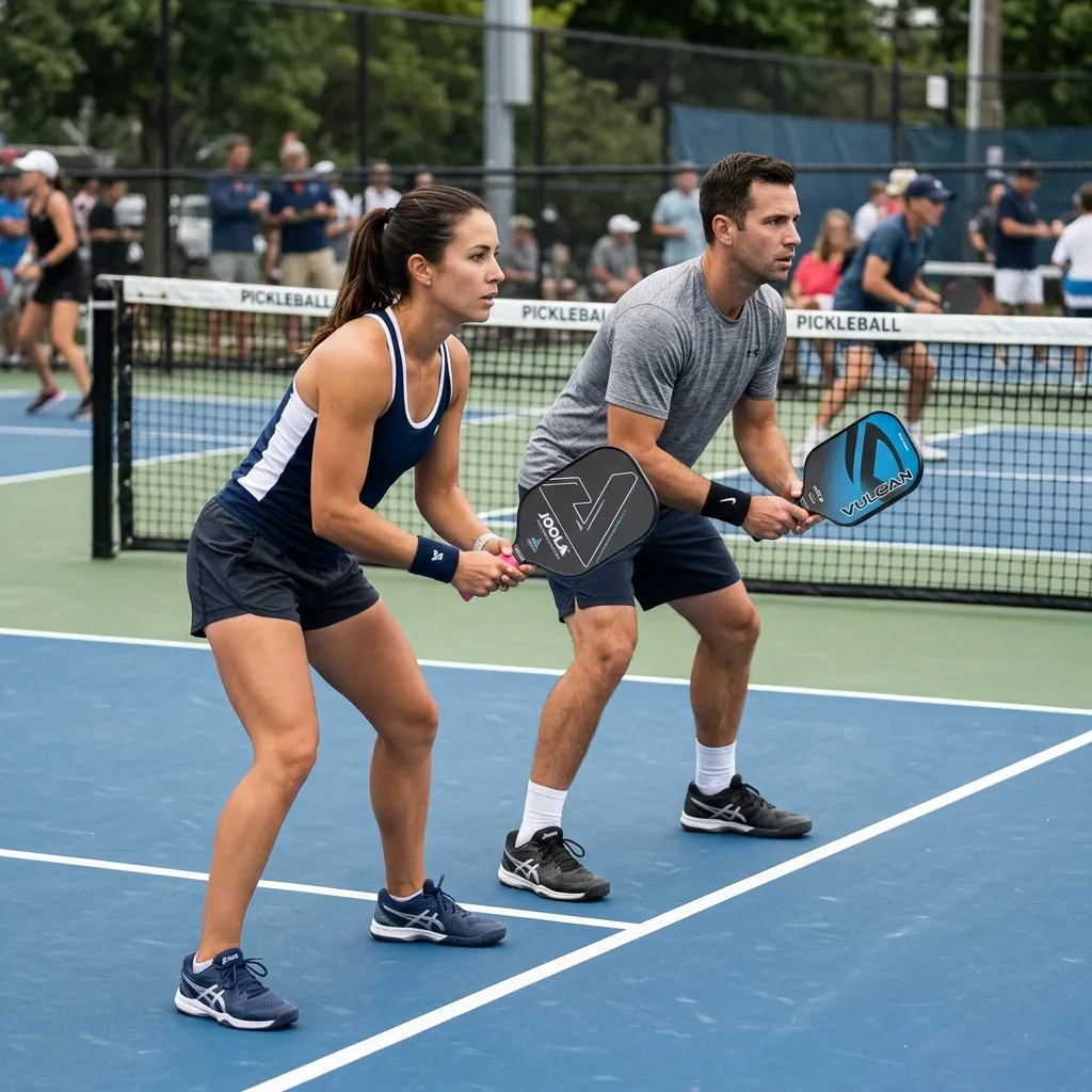 Jugador zurdo y diestro de pickleball en pista listos